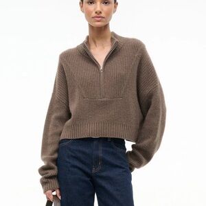 STAUD Hampton Cropped Ribbed Cashmere Sweater in Truffle